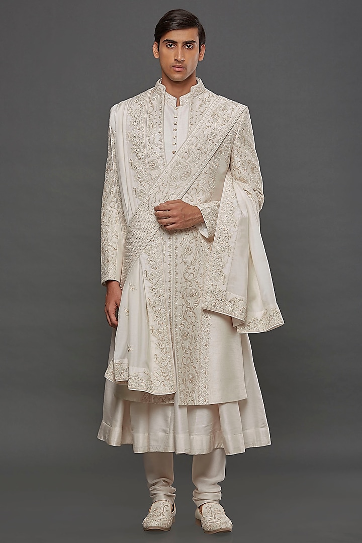 Ivory Silk Resham Embroidered Sherwani Set by PURUSHAM