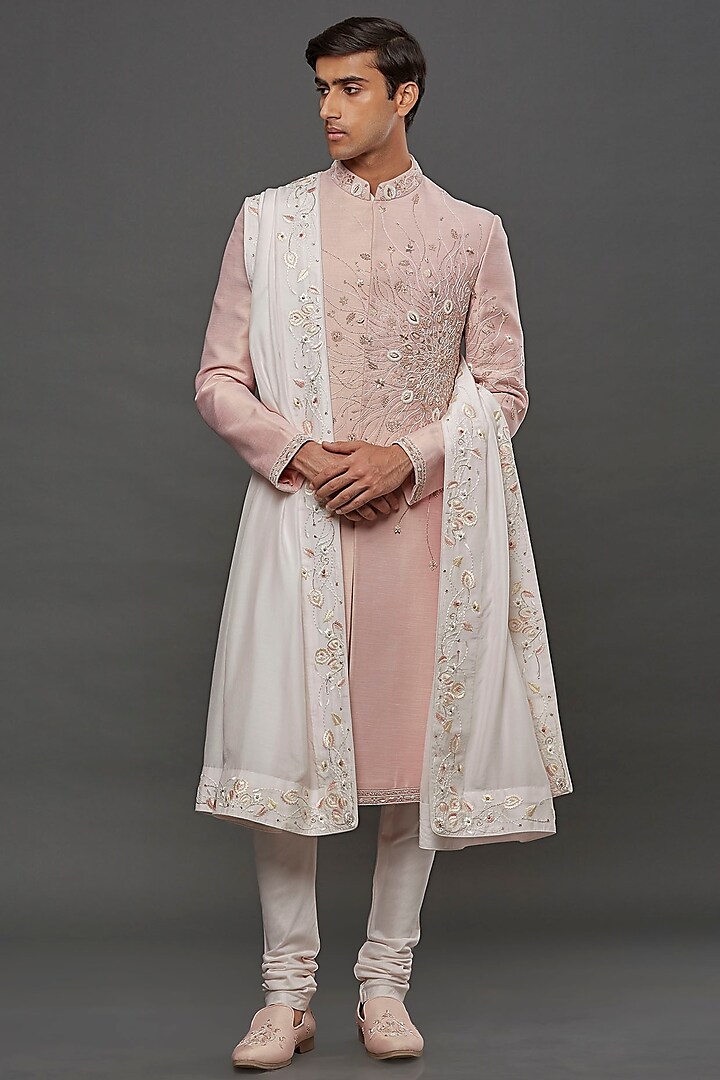 Pastel Pink Metallic Silk Hand Embroidered Sherwani Set by PURUSHAM