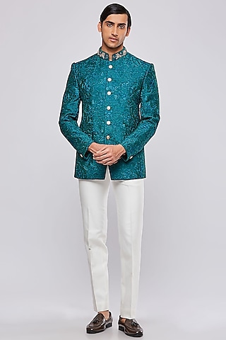 Teal Green Chanderi Silk Hand Embroidered Bandhgala Set by PURUSHAM