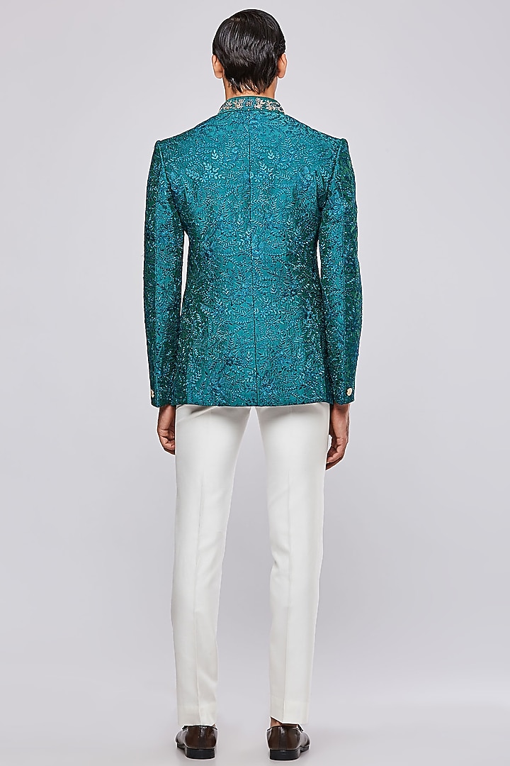 Teal Green Chanderi Silk Hand Embroidered Wedding Bandhgala Set by PURUSHAM at Pernia's Pop Up Shop