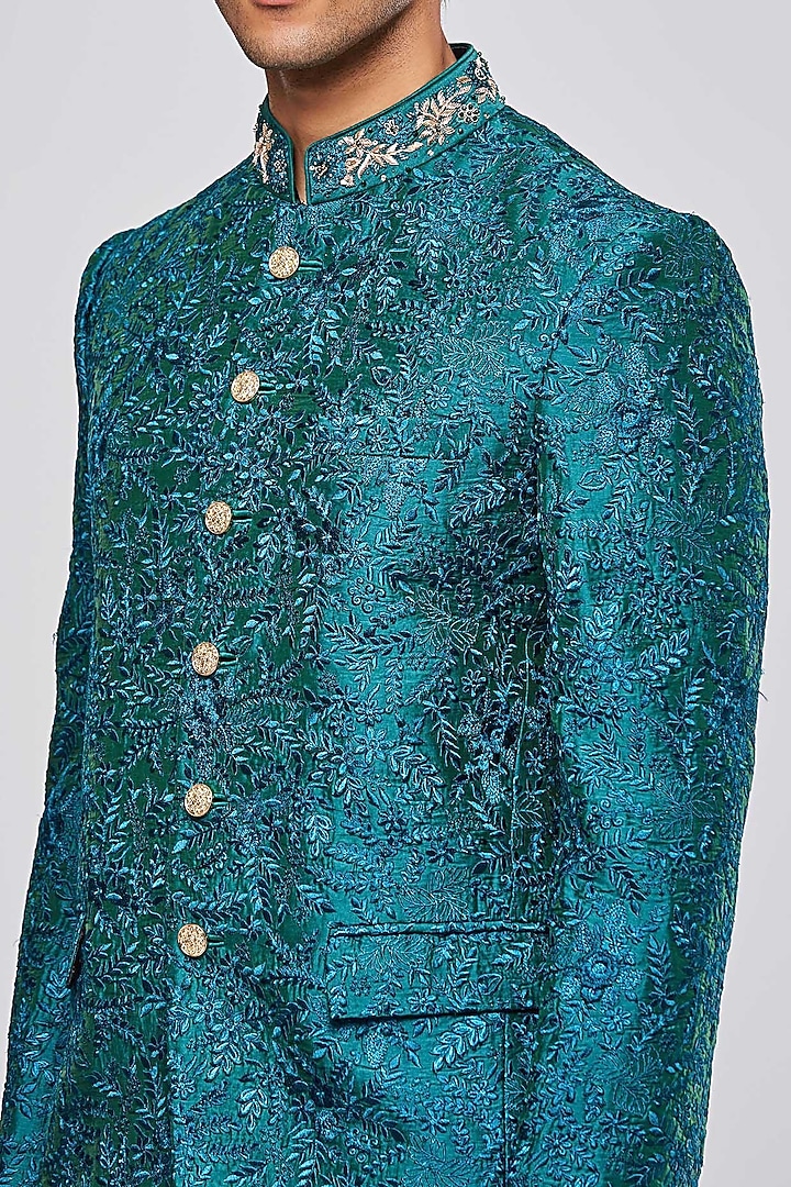 Teal Green Chanderi Silk Hand Embroidered Wedding Bandhgala Set by PURUSHAM at Pernia's Pop Up Shop