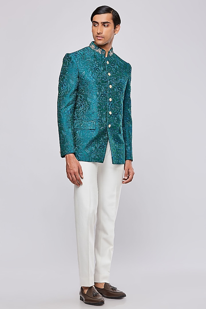 Teal Green Chanderi Silk Hand Embroidered Wedding Bandhgala Set by PURUSHAM at Pernia's Pop Up Shop