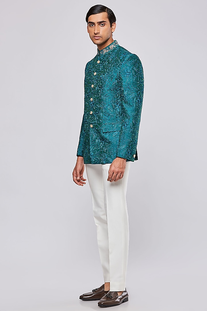 Teal Green Chanderi Silk Hand Embroidered Wedding Bandhgala Set by PURUSHAM at Pernia's Pop Up Shop