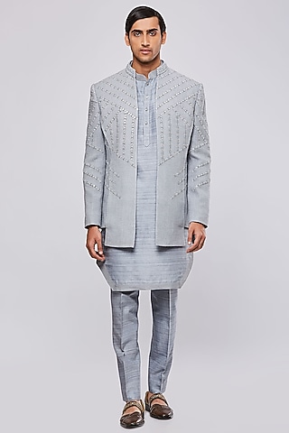 Pastel Grey Pure Matka Silk Hand Embroidered Jodhpuri Set by PURUSHAM