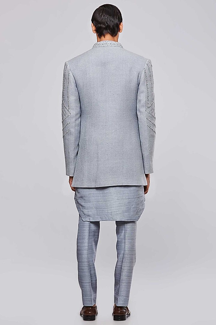Pastel Grey Pure Matka Silk Hand Embroidered Jodhpuri Set by PURUSHAM at Pernia's Pop Up Shop