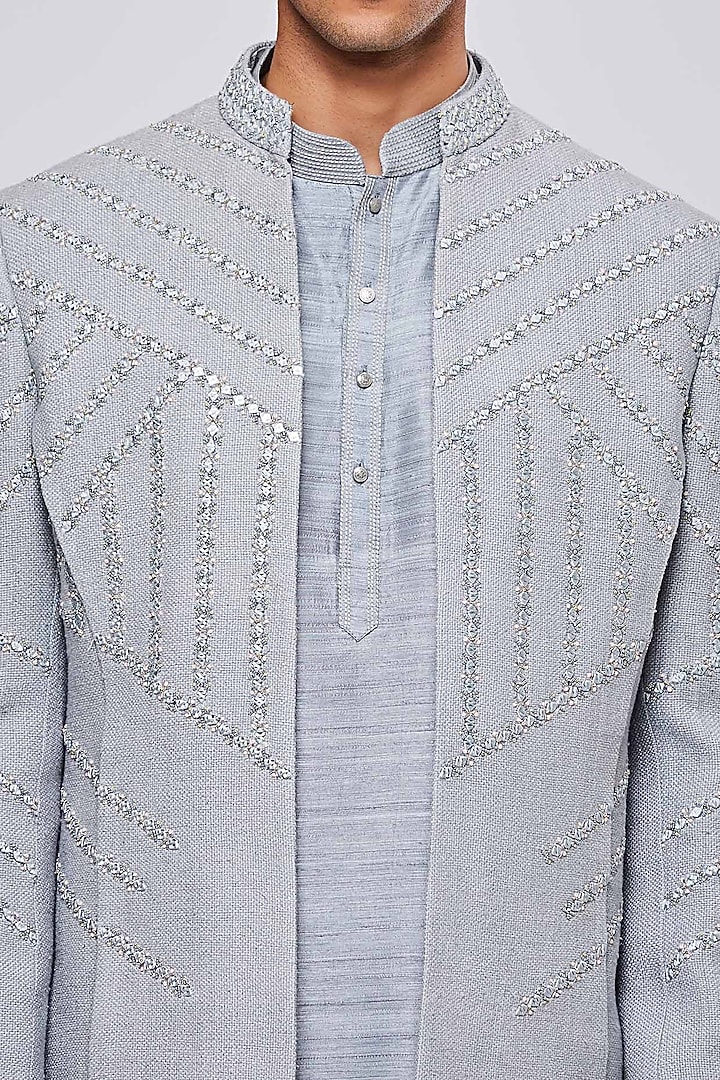 Pastel Grey Pure Matka Silk Hand Embroidered Jodhpuri Set by PURUSHAM at Pernia's Pop Up Shop