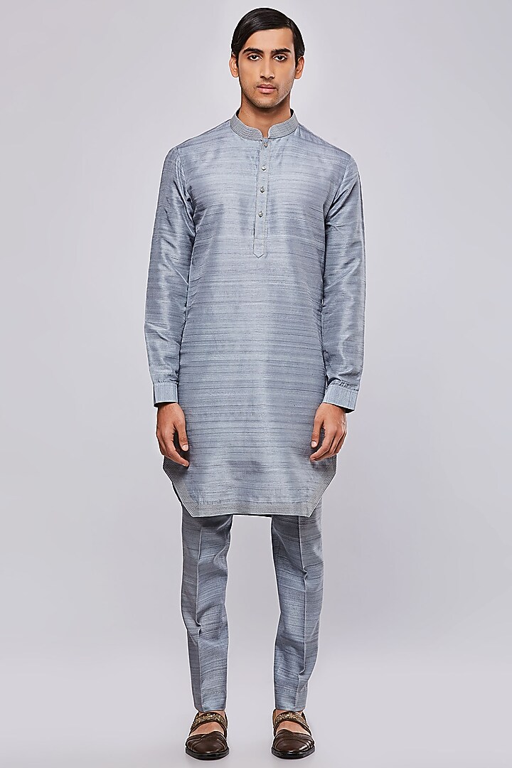 Pastel Grey Pure Matka Silk Hand Embroidered Jodhpuri Set by PURUSHAM at Pernia's Pop Up Shop
