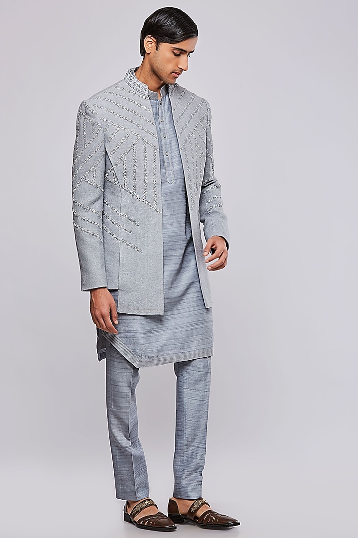 Pastel Grey Pure Matka Silk Hand Embroidered Jodhpuri Set by PURUSHAM at Pernia's Pop Up Shop