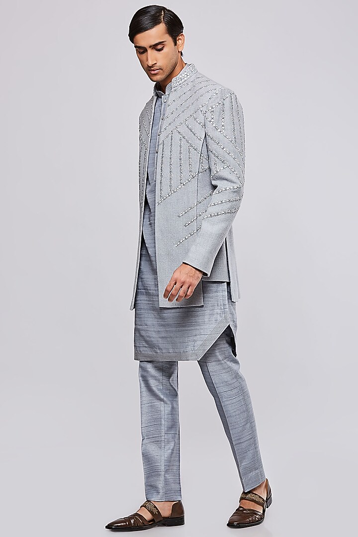 Pastel Grey Pure Matka Silk Hand Embroidered Jodhpuri Set by PURUSHAM at Pernia's Pop Up Shop