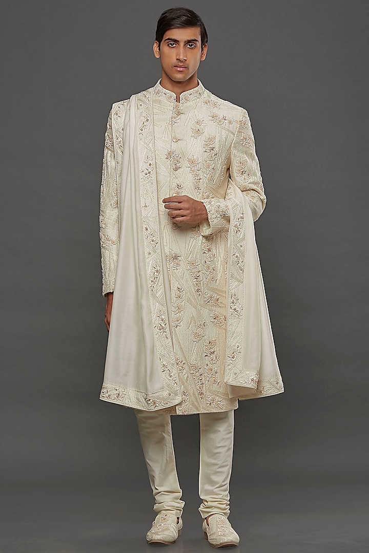 Cream Spun Silk Hand Embroidered Sherwani Set by PURUSHAM