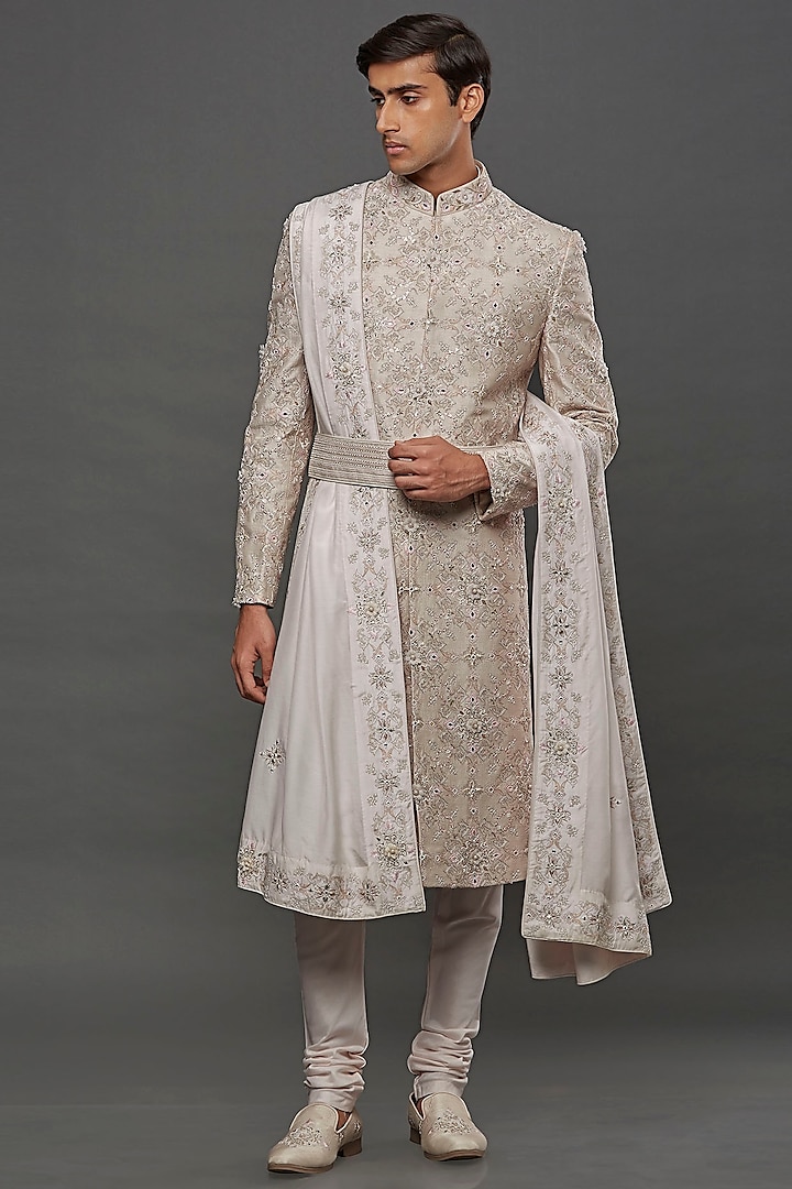 Water Pink Spun Silk Hand Embroidered Sherwani Set by PURUSHAM