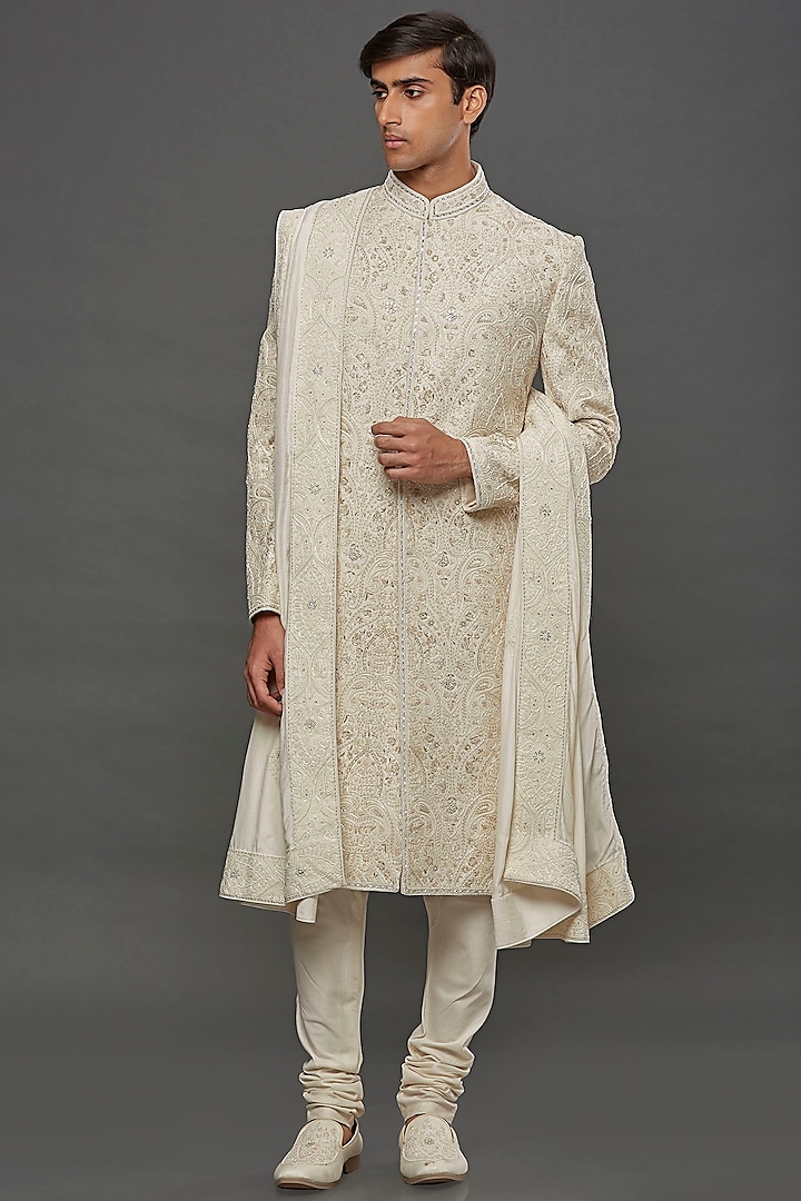 Ivory Spun Silk Hand Embroidered Sherwani Set by PURUSHAM