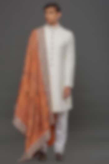 White Poly Wool Hand Embroidered Achkan Jacket Set by PURUSHAM