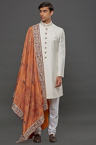 White Poly Wool Hand Embroidered Achkan Jacket Set by PURUSHAM