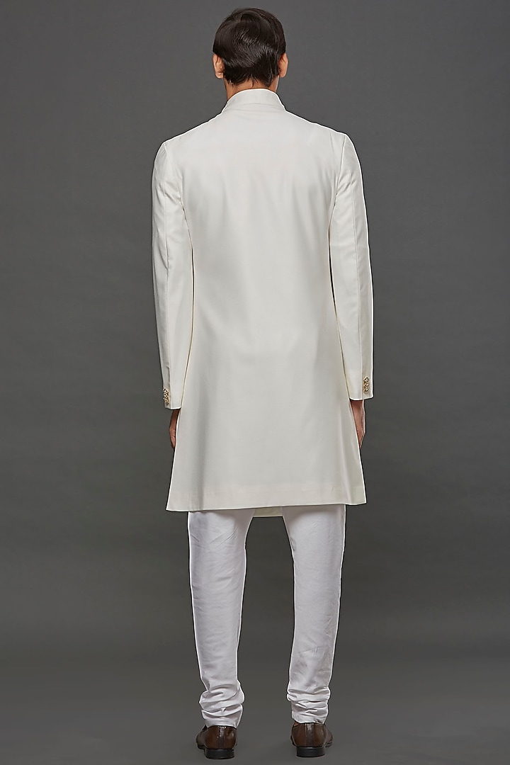 White Poly Wool Hand Embroidered Achkan Jacket Set by PURUSHAM at Pernia's Pop Up Shop