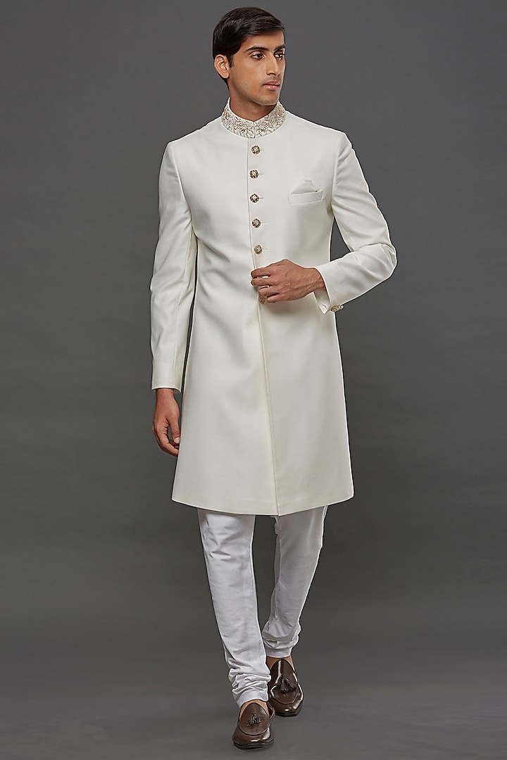 White Poly Wool Hand Embroidered Achkan Jacket Set by PURUSHAM at Pernia's Pop Up Shop