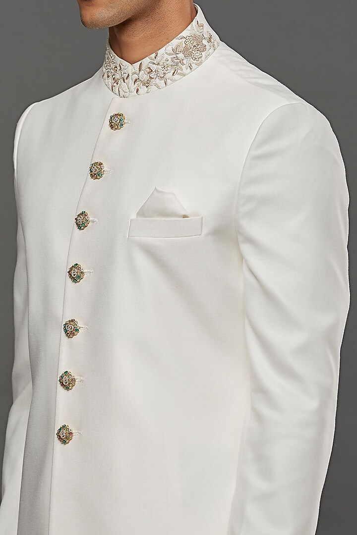 White Poly Wool Hand Embroidered Achkan Jacket Set by PURUSHAM at Pernia's Pop Up Shop