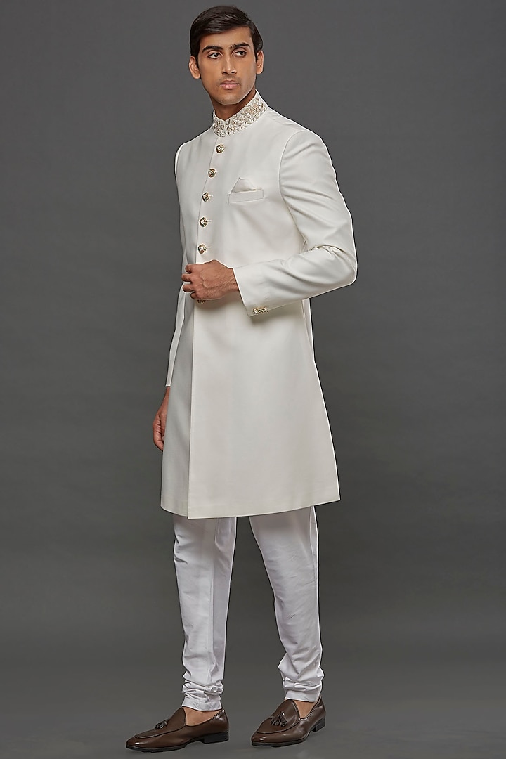White Poly Wool Hand Embroidered Achkan Jacket Set by PURUSHAM at Pernia's Pop Up Shop