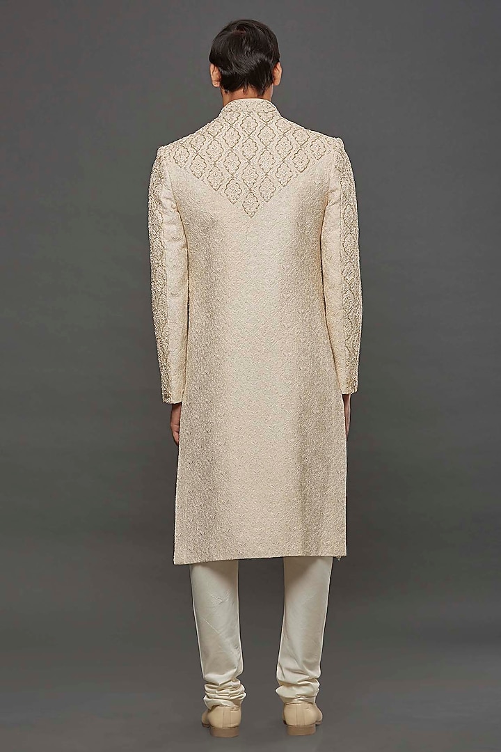 Gold Silk Hand Embroidered Groom Sherwani Set by PURUSHAM at Pernia's Pop Up Shop
