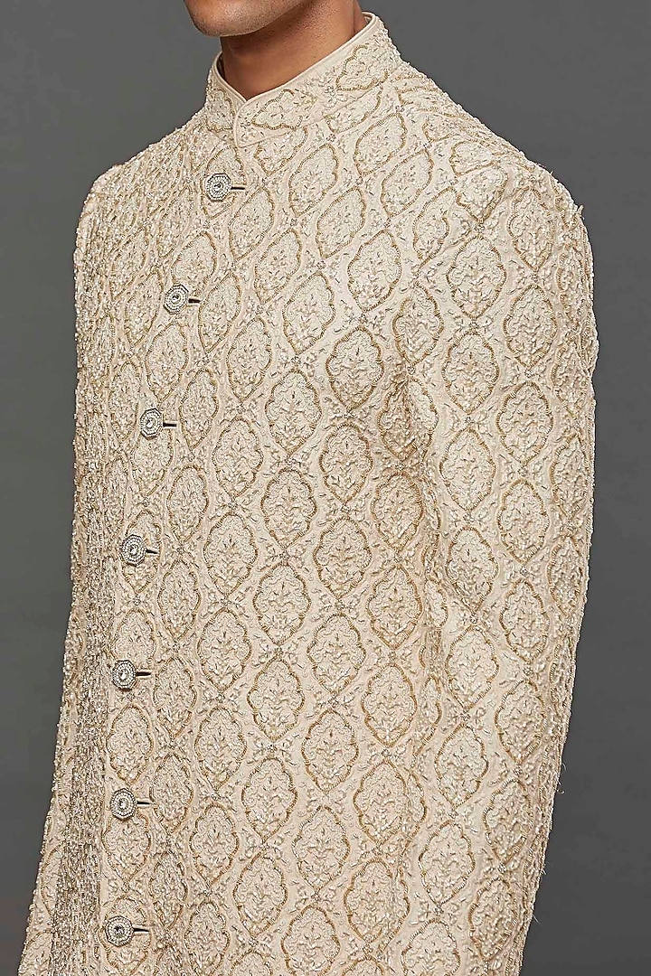 Gold Silk Hand Embroidered Groom Sherwani Set by PURUSHAM at Pernia's Pop Up Shop
