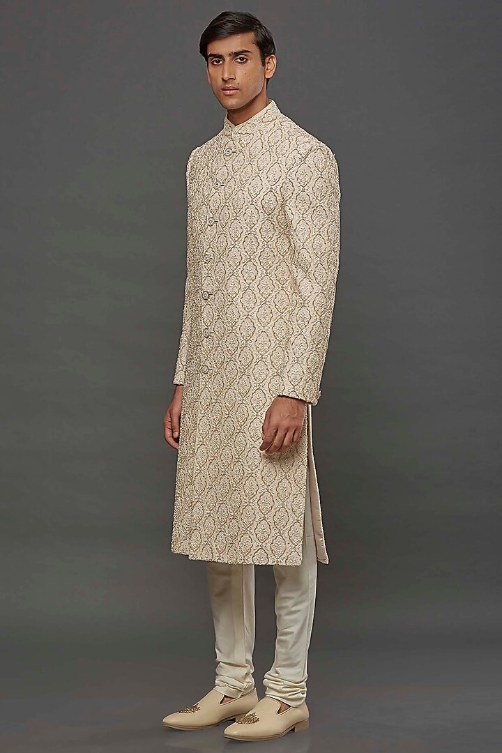 Gold Silk Hand Embroidered Groom Sherwani Set by PURUSHAM at Pernia's Pop Up Shop