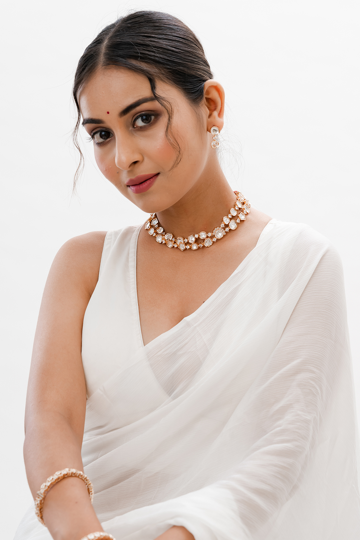 Gold Plated Kundan Polki Handcrafted Layered Necklace Set by PUTSTYLE at Pernia's Pop Up Shop