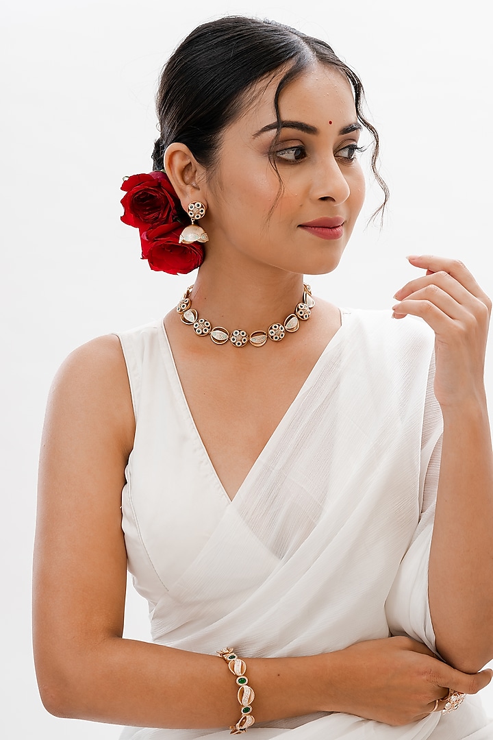 Gold Plated Kundan Polki & Emerald Stone Handcrafted Meenakari Floral Necklace Set by PUTSTYLE at Pernia's Pop Up Shop