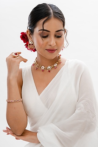Gold Plated Kundan Polki & Ruby Stone Handcrafted Meenakari Floral Choker Necklace Set by PUTSTYLE
