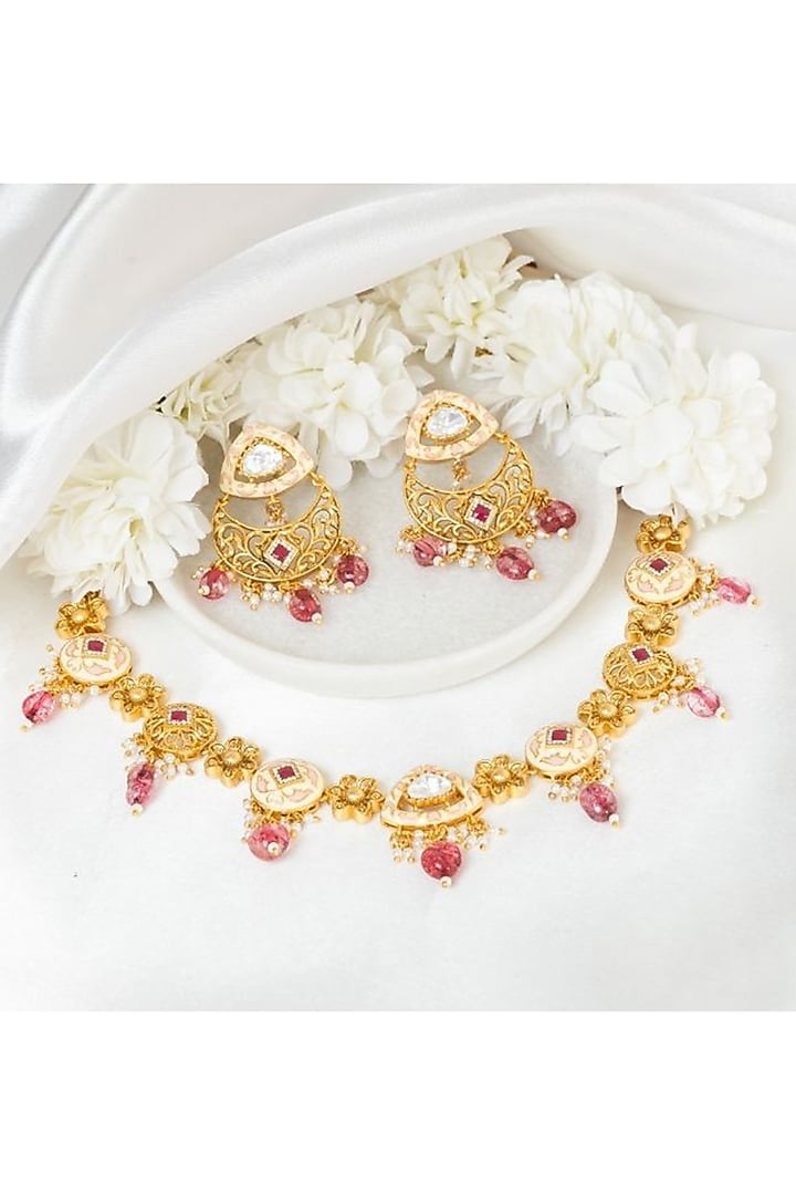 Gold Plated Kundan Polki & Ruby Stone Handcrafted Meenakari Floral Choker Necklace Set by PUTSTYLE at Pernia's Pop Up Shop