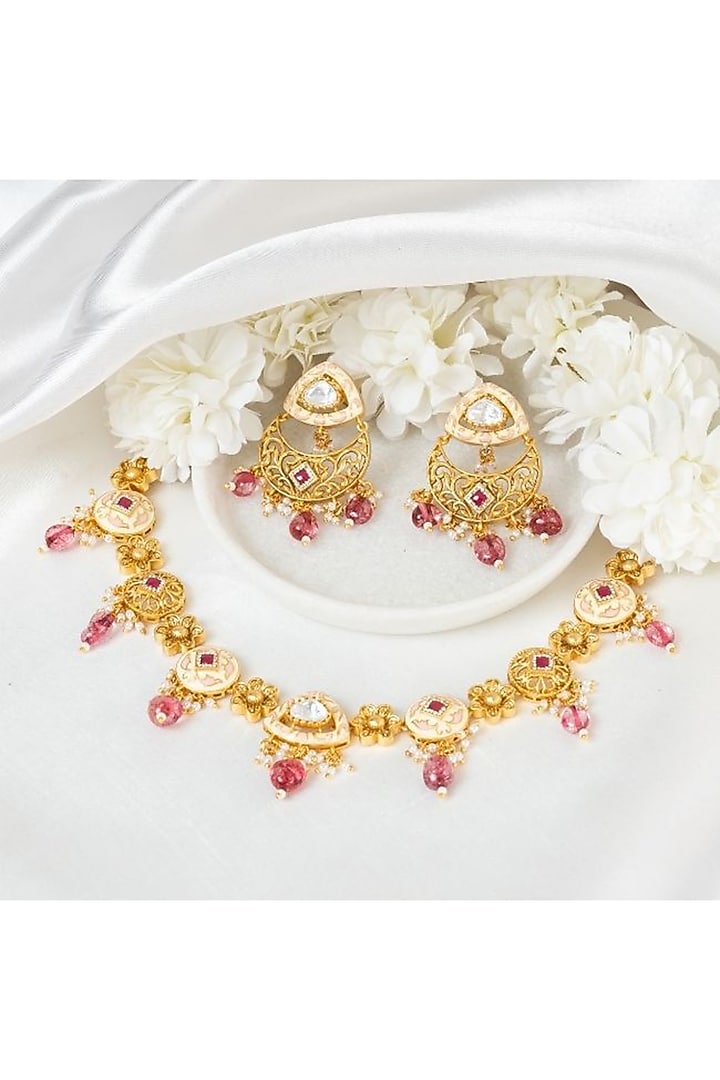 Gold Plated Kundan Polki & Ruby Stone Handcrafted Meenakari Floral Choker Necklace Set by PUTSTYLE at Pernia's Pop Up Shop