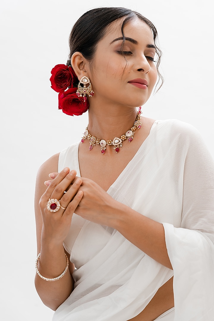 Gold Plated Kundan Polki & Ruby Stone Handcrafted Meenakari Floral Choker Necklace Set by PUTSTYLE at Pernia's Pop Up Shop