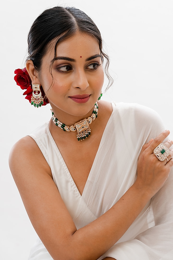 Gold Plated Green Kundan Polki Handcrafted Choker Necklace Set by PUTSTYLE at Pernia's Pop Up Shop