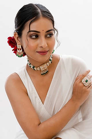 Gold Plated Green Kundan Polki Handcrafted Choker Necklace Set by PUTSTYLE