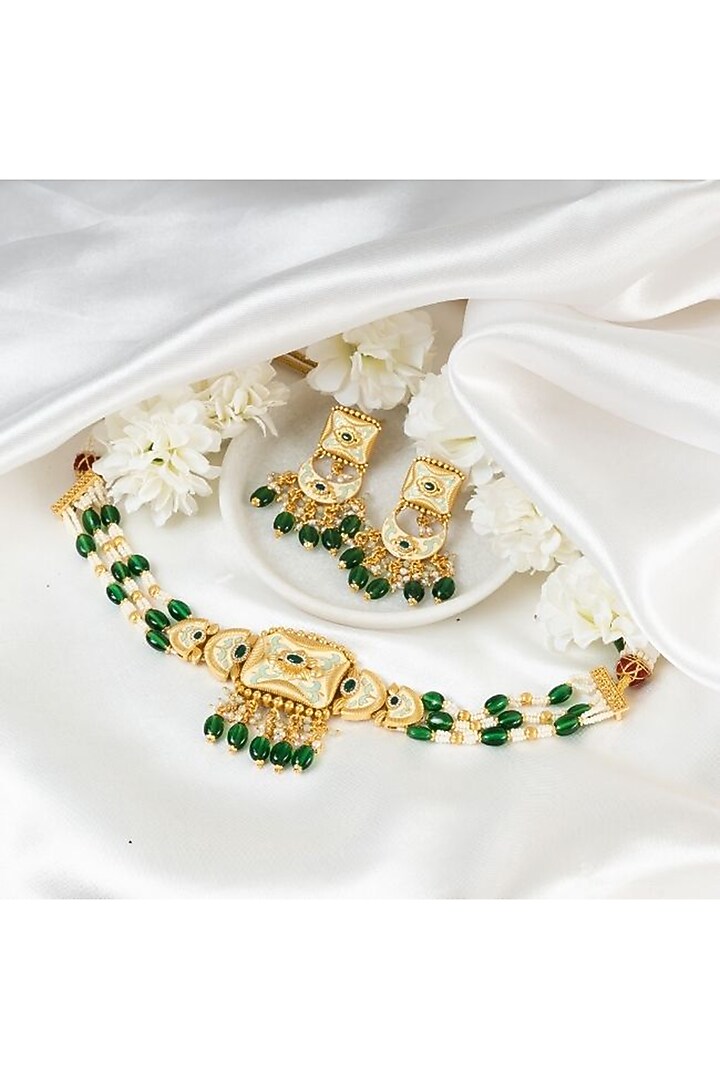 Gold Plated Green Kundan Polki Handcrafted Choker Necklace Set by PUTSTYLE at Pernia's Pop Up Shop