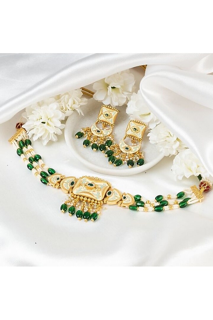 Gold Plated Green Kundan Polki Handcrafted Choker Necklace Set by PUTSTYLE at Pernia's Pop Up Shop