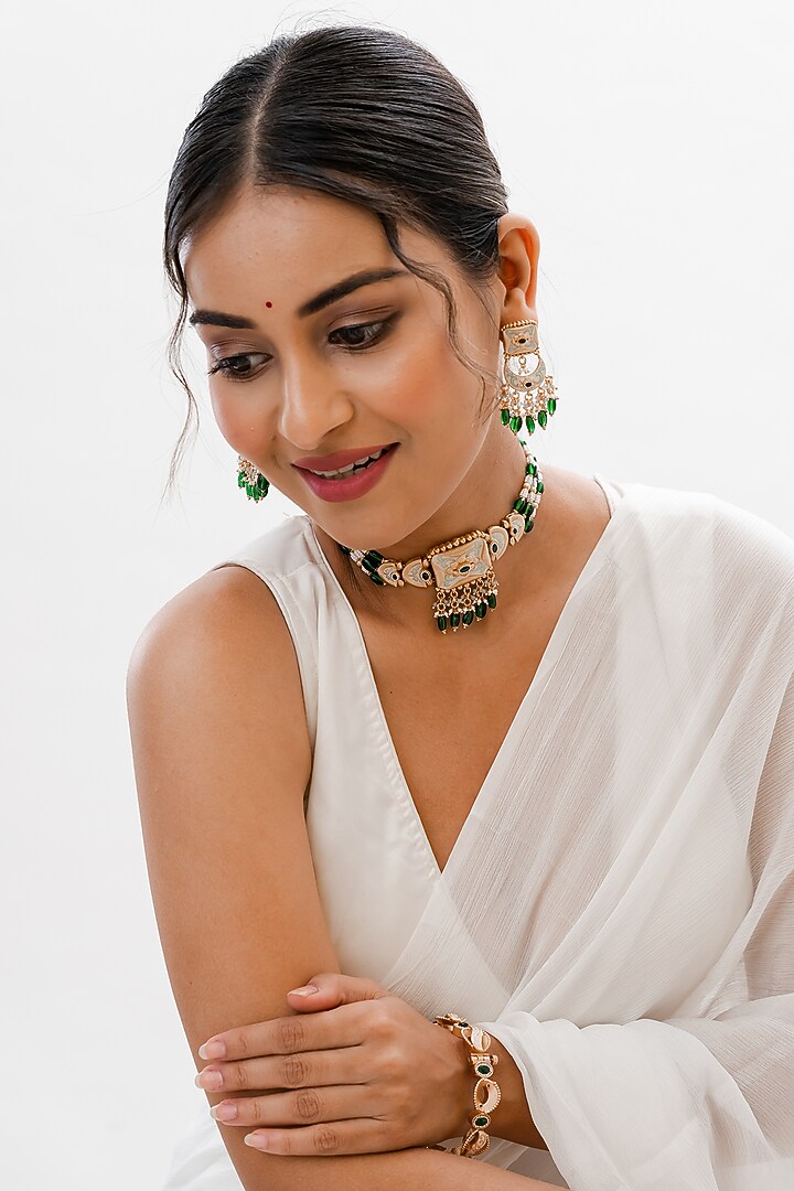 Gold Plated Green Kundan Polki Handcrafted Choker Necklace Set by PUTSTYLE at Pernia's Pop Up Shop