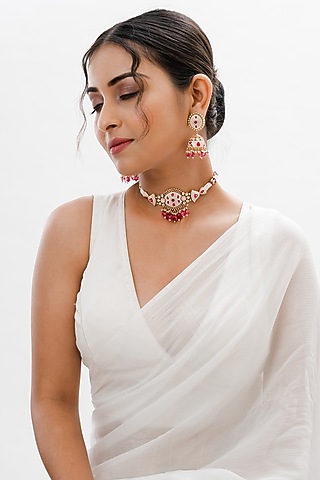 Gold Plated Pearl & Kundan Polki Handcrafted Necklace Set by PUTSTYLE