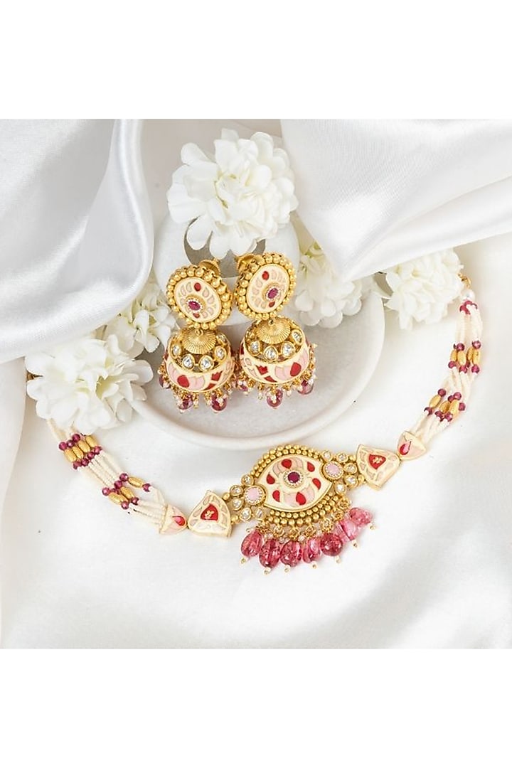 Gold Plated Pearl & Kundan Polki Handcrafted Necklace Set by PUTSTYLE at Pernia's Pop Up Shop
