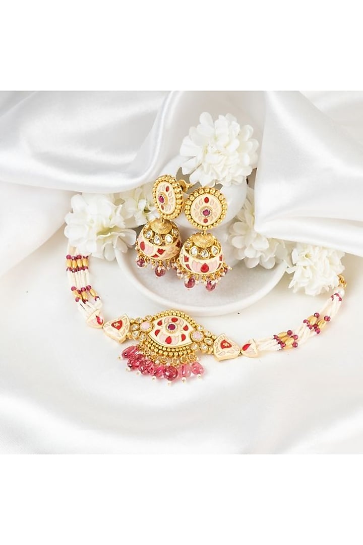 Gold Plated Pearl & Kundan Polki Handcrafted Necklace Set by PUTSTYLE at Pernia's Pop Up Shop