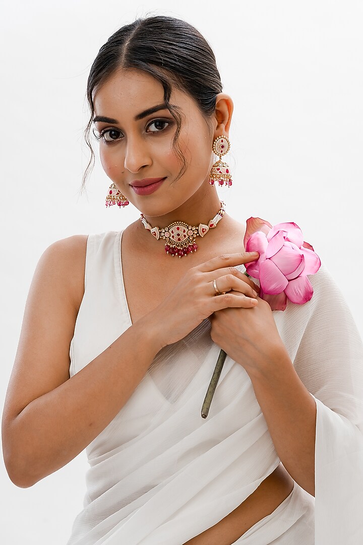 Gold Plated Pearl & Kundan Polki Handcrafted Necklace Set by PUTSTYLE at Pernia's Pop Up Shop