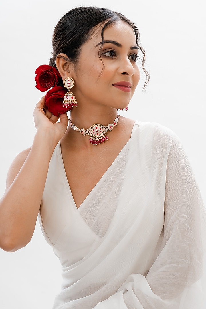 Gold Plated Pearl & Kundan Polki Handcrafted Necklace Set by PUTSTYLE at Pernia's Pop Up Shop