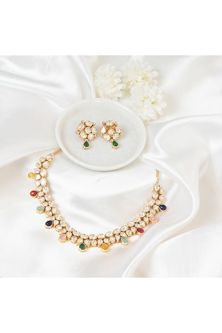 Gold Plated Multi-Colored Kundan Polki Handcrafted Necklace Set by PUTSTYLE at Pernia's Pop Up Shop