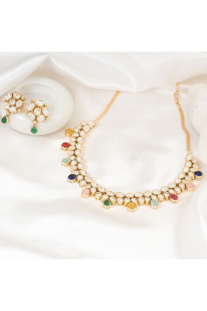 Gold Plated Multi-Colored Kundan Polki Handcrafted Necklace Set by PUTSTYLE at Pernia's Pop Up Shop