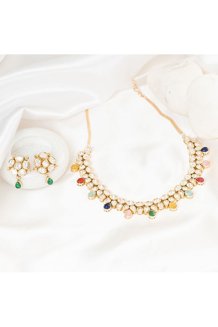 Gold Plated Multi-Colored Kundan Polki Handcrafted Necklace Set by PUTSTYLE at Pernia's Pop Up Shop
