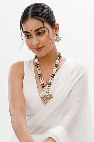 Gold Plated Green Kundan Polki Handcrafted Enameled Necklace Set by PUTSTYLE