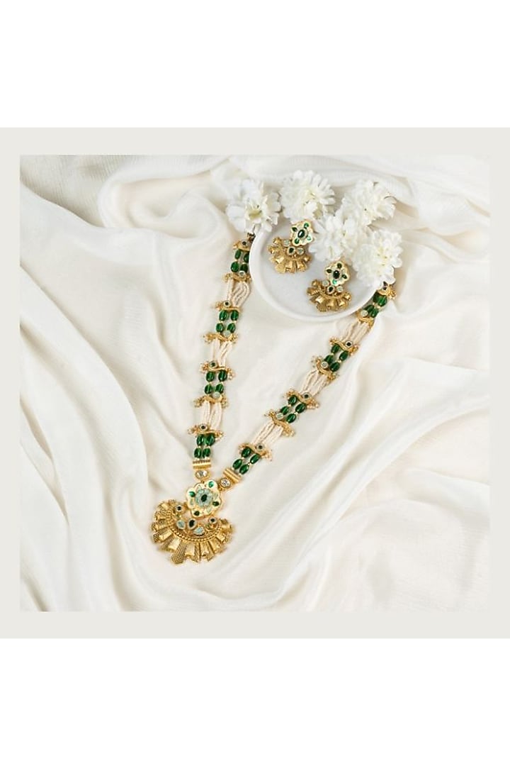 Gold Plated Green Kundan Polki Handcrafted Enameled Necklace Set by PUTSTYLE at Pernia's Pop Up Shop