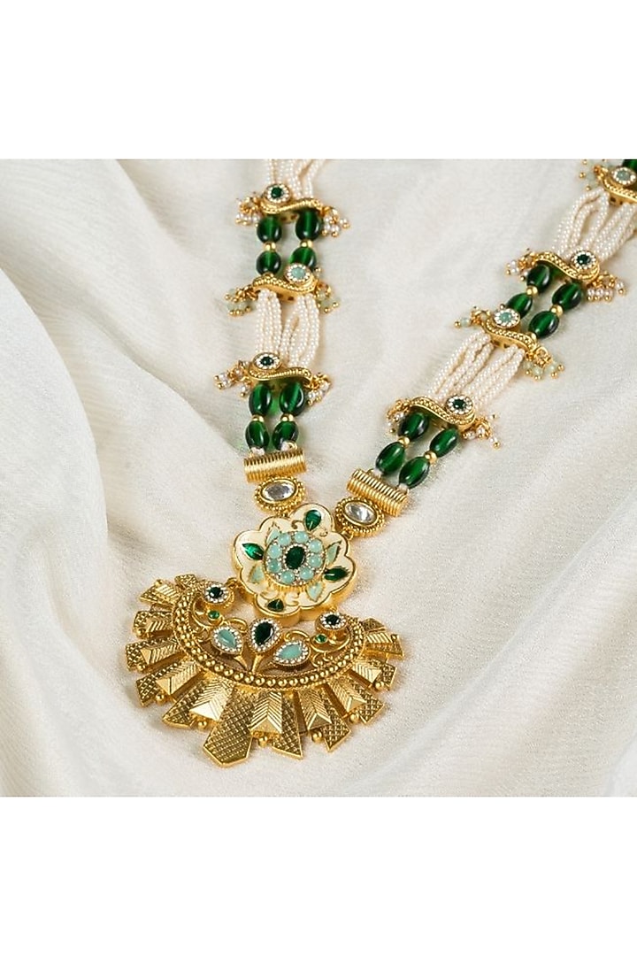 Gold Plated Green Kundan Polki Handcrafted Enameled Necklace Set by PUTSTYLE at Pernia's Pop Up Shop