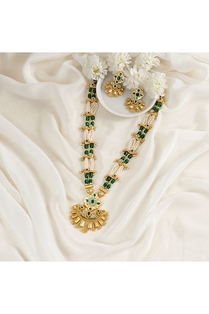 Gold Plated Green Kundan Polki Handcrafted Enameled Necklace Set by PUTSTYLE at Pernia's Pop Up Shop