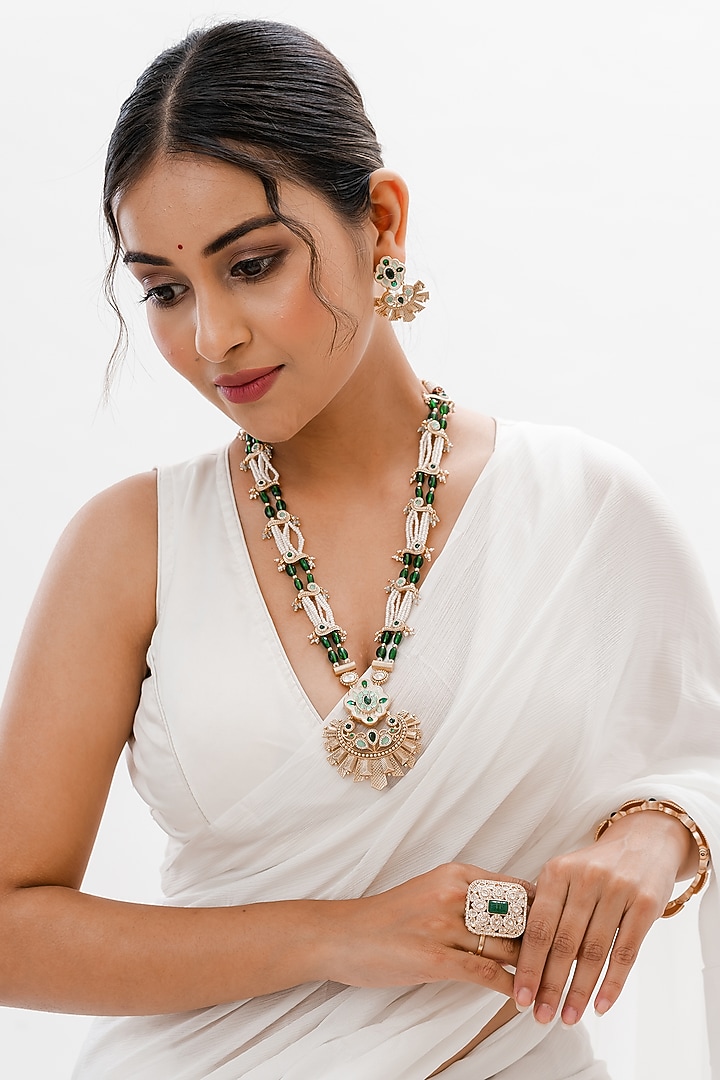 Gold Plated Green Kundan Polki Handcrafted Enameled Necklace Set by PUTSTYLE at Pernia's Pop Up Shop
