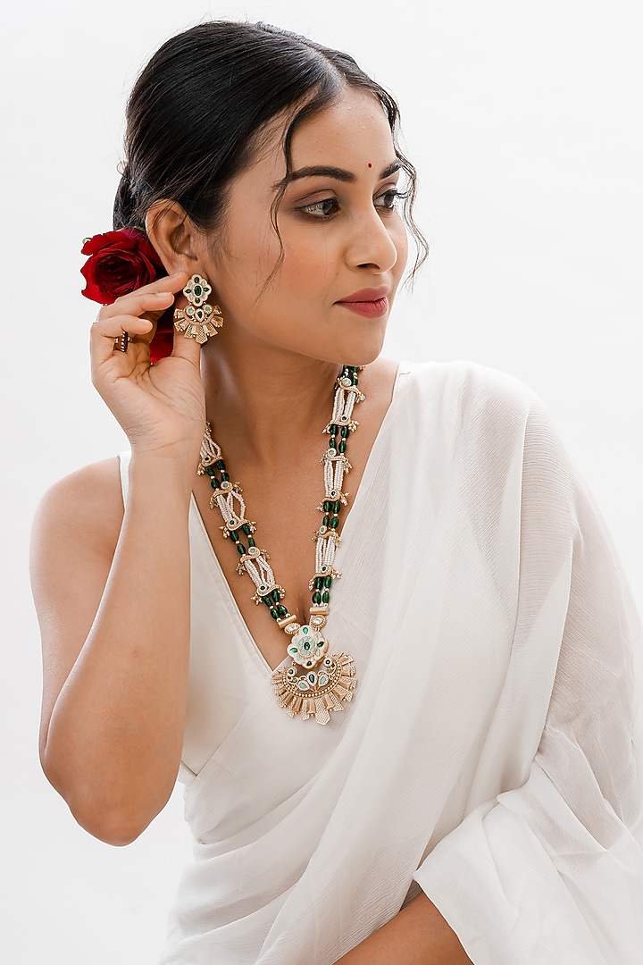 Gold Plated Green Kundan Polki Handcrafted Enameled Necklace Set by PUTSTYLE at Pernia's Pop Up Shop
